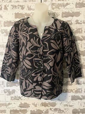 Sigrid Olsen Black Taupe Floral Linen Blend Button Down Blouse Small